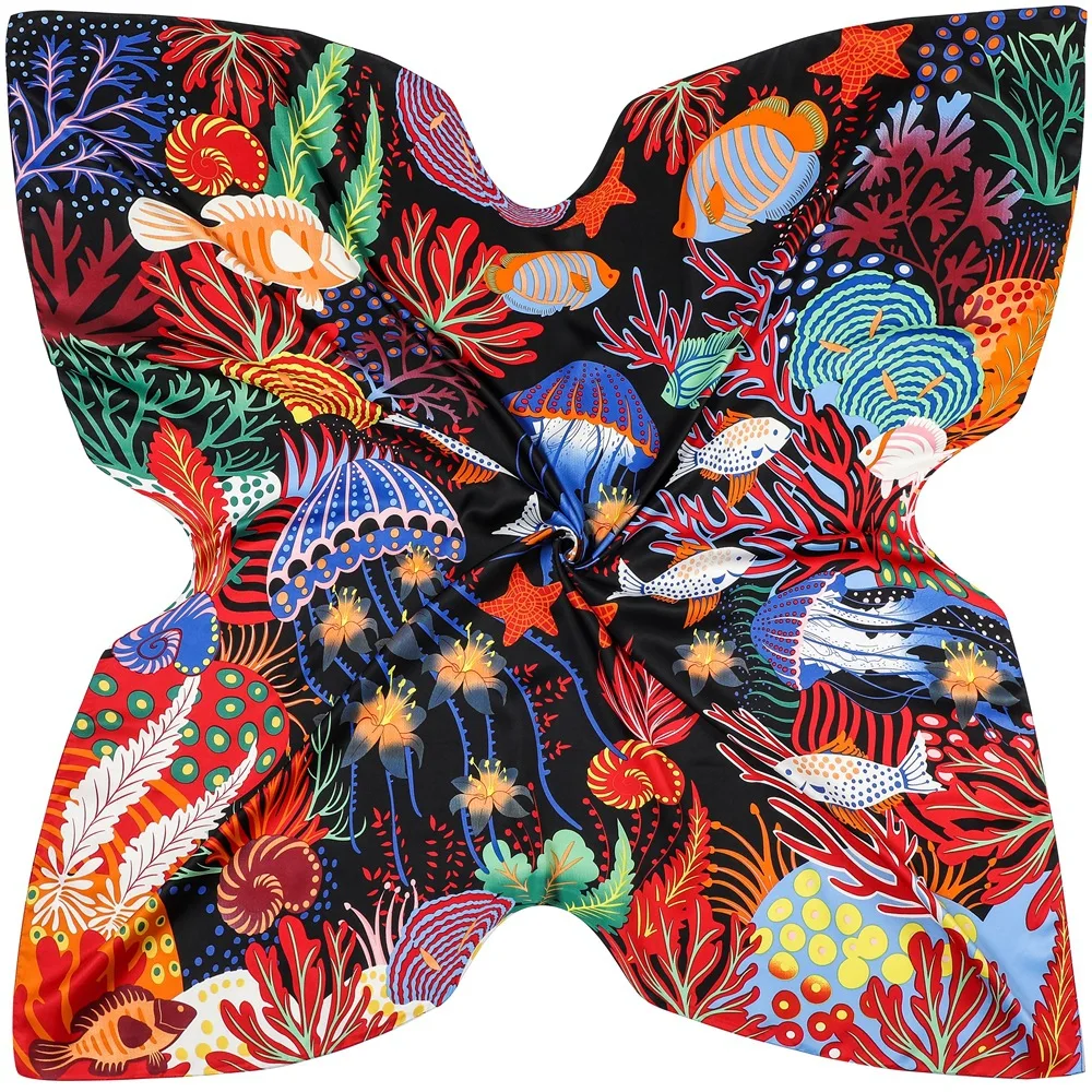 New Arrived Oversized Scarf “Underwater World”Women Silk Shawl 51in Large Wrap Stoles Lady Bandanas Hijab Femme Present 6
