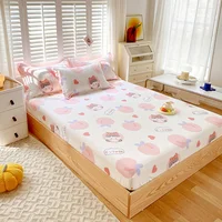 Kawaii Girls Pink Peach Print Fitted Sheet with Deep Pocket Twin Size 3PCS Cotton Lovely Cartoon Fruit Bed Sheet Set Room Decor 3