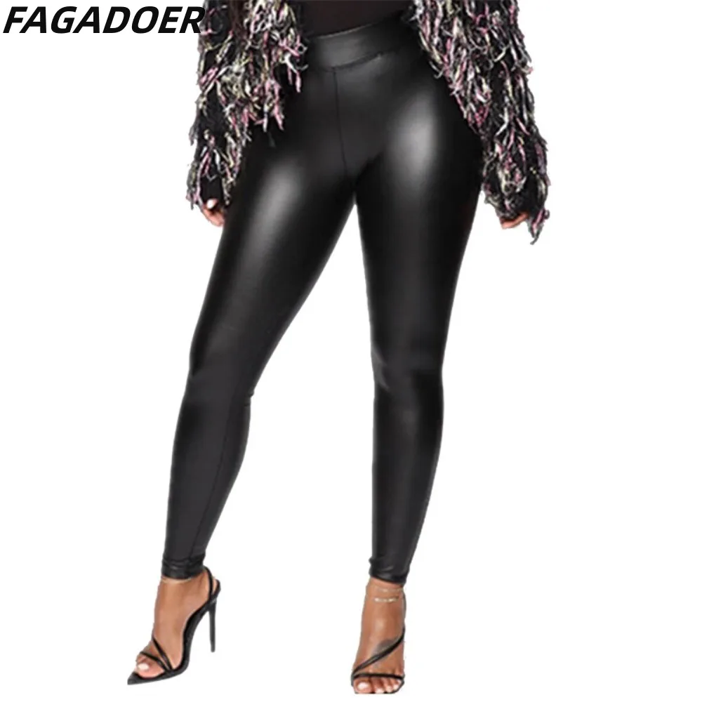 FAGADOER Sexy PU Leather Skinny Pants Women High Waisted Solid Color Sporty Pants Fashion Slim Pencil Bottoms Casual Clothing