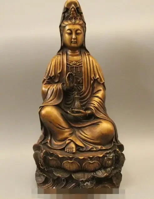 

14" Chinese Tibet Buddhism Bronze Seat Lotus Kwan-yin Guan Yin Statue Sculpture