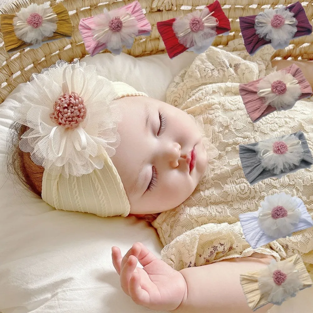 Soft Nylon Baby Girl Headband with Floral Mesh for Newborn Photography