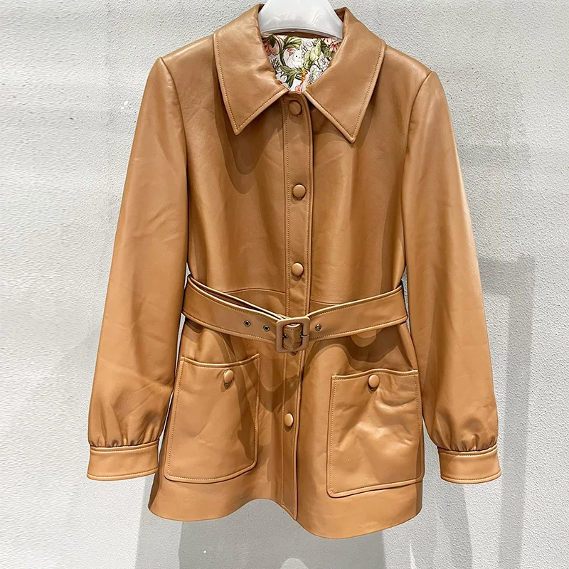 

2023 Runway Belted Sheepskin Jackets Women Vintage Camel Genuine Leather Single Breasted Outerwear Fashion Motorcycle Biker Top