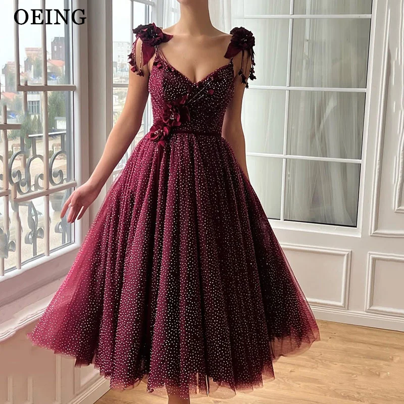 OEING A-Line Burgundy Flowers Prom Dresses Sleeveless Party Gowns Pleats Sweetheart Tea-Length Soft Tulle Dress Customized