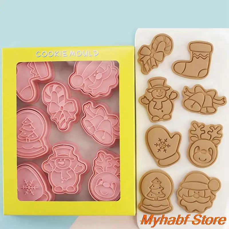 

8pcs DIY Christmas Cookie Cutter Mold Plastic Cartoon Santa Claus Snowman Shaped Biscuit Baking Mould Cake Decorating Tools