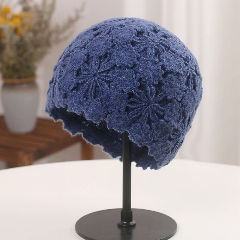 Chic Knitted Hat Winter Women's Retro Literature Art Crochet Flower Hollow Out Cap Women Fashion Beret Woolen Cap Japanese Style 6