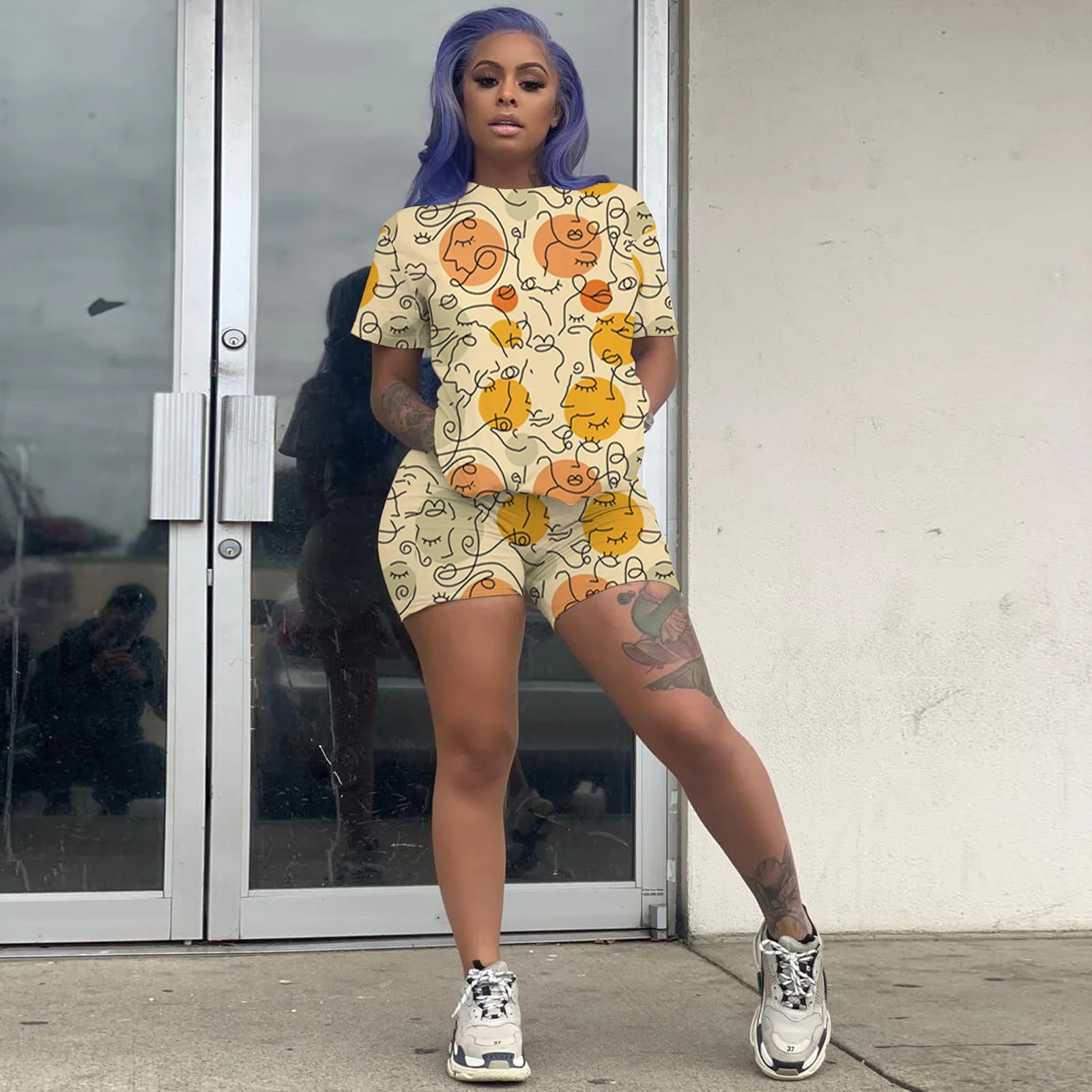 

Colorful Polka Dot Printed Women 2 Piece Set Short Sleeve Sweatshirt Biker Shorts Matching Set 2023 Summer Workout Sporty Outfit
