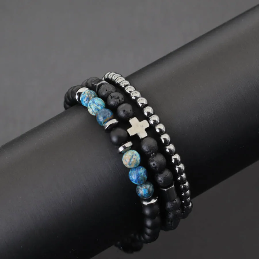 Hematite Tiger Eyes Lava Stone Beaded Men Bracelet Set