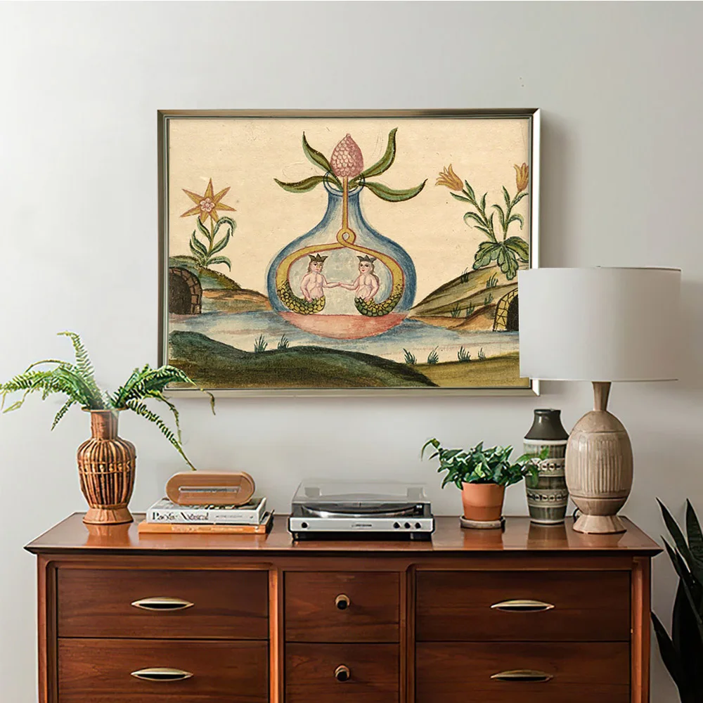 

Clavis Artis Vintage Art Print Poster Alchemy Mermaid Wall Picture Merman Mediveal Canvas Painting Decor