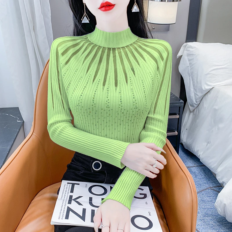 

2023 Autumn Winter Pullovers Sweater Long sleeved Diamond Knitwear Half High Collar Women Knitted Tops