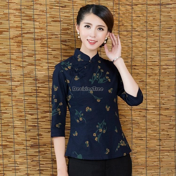 Chinese Seven-point Sleeve Women's Retro Printed Cheongsam Top Improved Cotton Linen National Style Tang Suit Blouse w581
