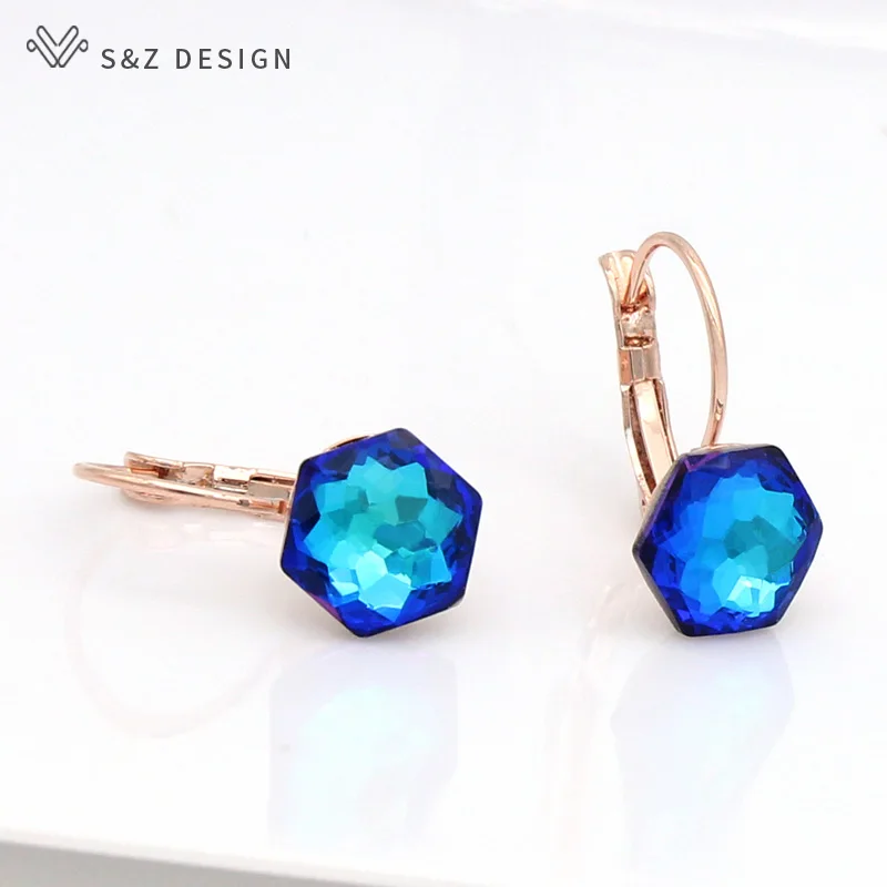 S&Z DESIGN New Fashion Hexagon Crystal Dangle Earrings For Women Wedding Jewelry 585 Rose Gold Color Eardrop