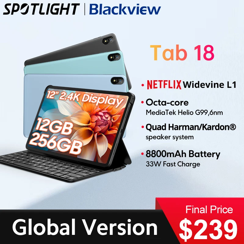 

【World Premiere】12 inch Blackview Tab 18 Tablet 12GB+256GB 16MP 2.4K FHD+ Display 8800mAh Battery Widevine L1 MTK Helio G99 33W