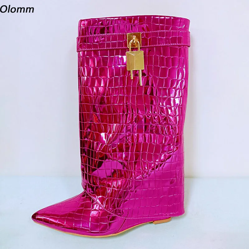 

Olomm New Women Winter Mid Calf Boots Stone Pattern Slip On Wedges Heels Pointed Toe Fuchsia Club Shoes Plus US Size 6-10.5