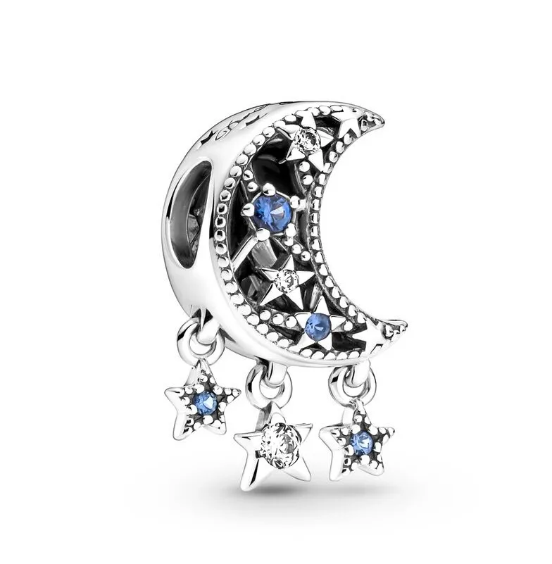 

Original Star & Crescent Moon Clear And Blue Stones Beads Charm Fit Pandora Women 925 Sterling Silver Bracelet Bangle Jewelry