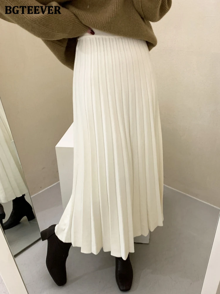 

BGTEEVER Elegant Ladies Knitted A-line Skirts Autumn Winter Elastic Waist Casual Pleated Long Sweater Skirts Women
