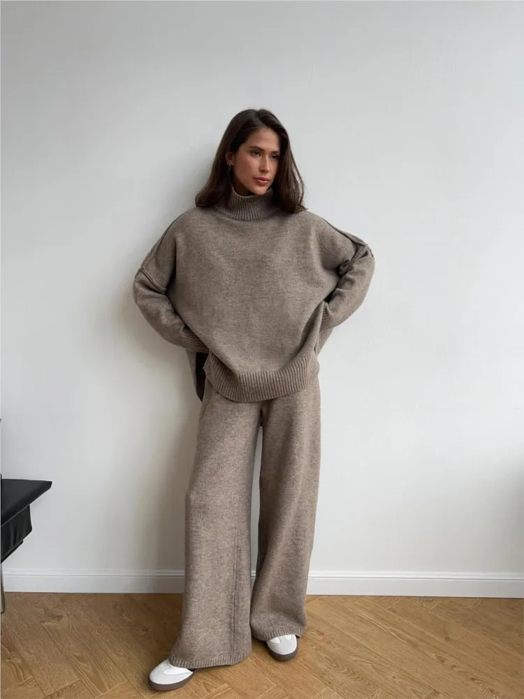 Ensemble pull en laine à col haut et fente, pantalon tricoté ample et décontracté, ensemble deux pièces, pantalon tendance, couleur unie, pour les déplacements 1
