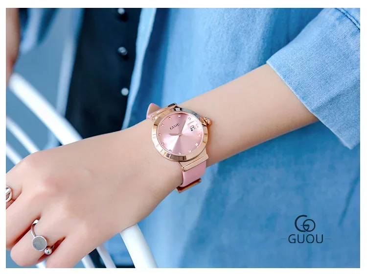 Orologio da polso al quarzo da donna alla moda GUOU con cinturino in vera pelle, diamanti, strass, calendario, lente d'ingrandimento, orologio da donna_voghion.com