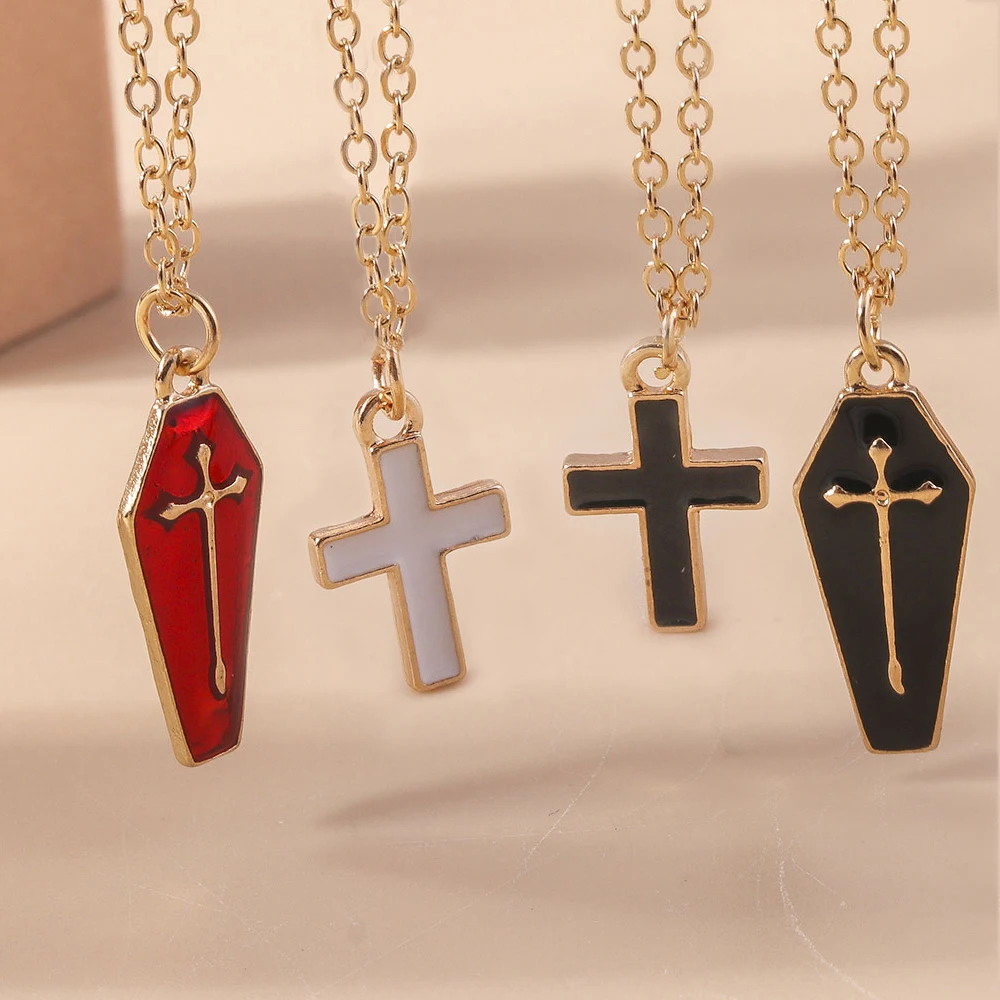 Aihua Nette Emaille Halloween Vampire Kreuz Sarg Freundschaft Paar Halsketten Für Frauen Männer BFF Beste Freundin Halsketten Schmuck