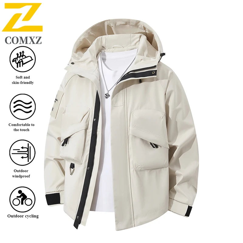 Men's Spring Autumn Workwear Korean Style Jacket Windproof Breathable Hooded Parka with Multi-Pockets for Outdoor Casual Wear