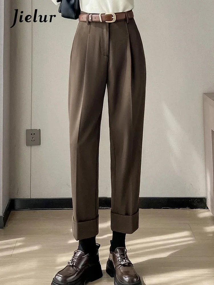 Jielur New Thick Cuffs Loose Fashion Harem Pants Solid Color Casual Straight Winter Simple Female Trousers Chic Office Ladies