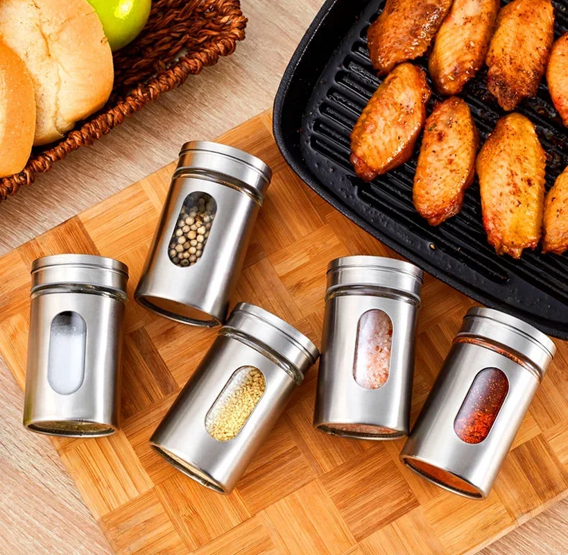 Stainless Steel Spice Jars Seasoning Cans Rotate Cover Salt Pepper