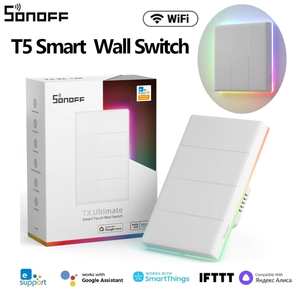 Sonoff T5 Wifi Smart Light Switch 1/2/3/4 Gang Touch Wall Swtiches Retroilluminazione Telecomando Tramite Alexa Google Home Smartthings