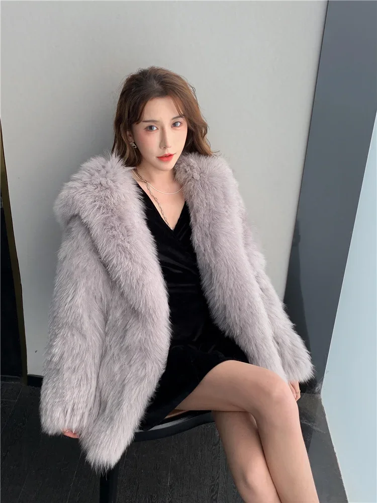 Double-sided Woven Fox Fur Coat Women's Clothing Fashion Hooded Long Young Knitted Thick Warm Fur Casual Jackets Autumn/Winter