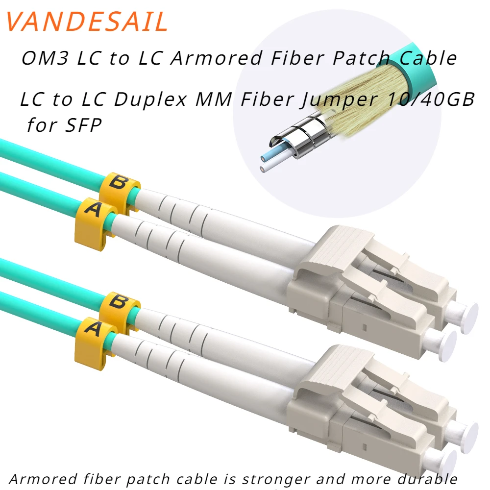 VANDESAIL OM3 LC to LC Armored Fiber Patch Cable , LC-LC Duplex MM Fiber Jumper 10/40GB for SFP