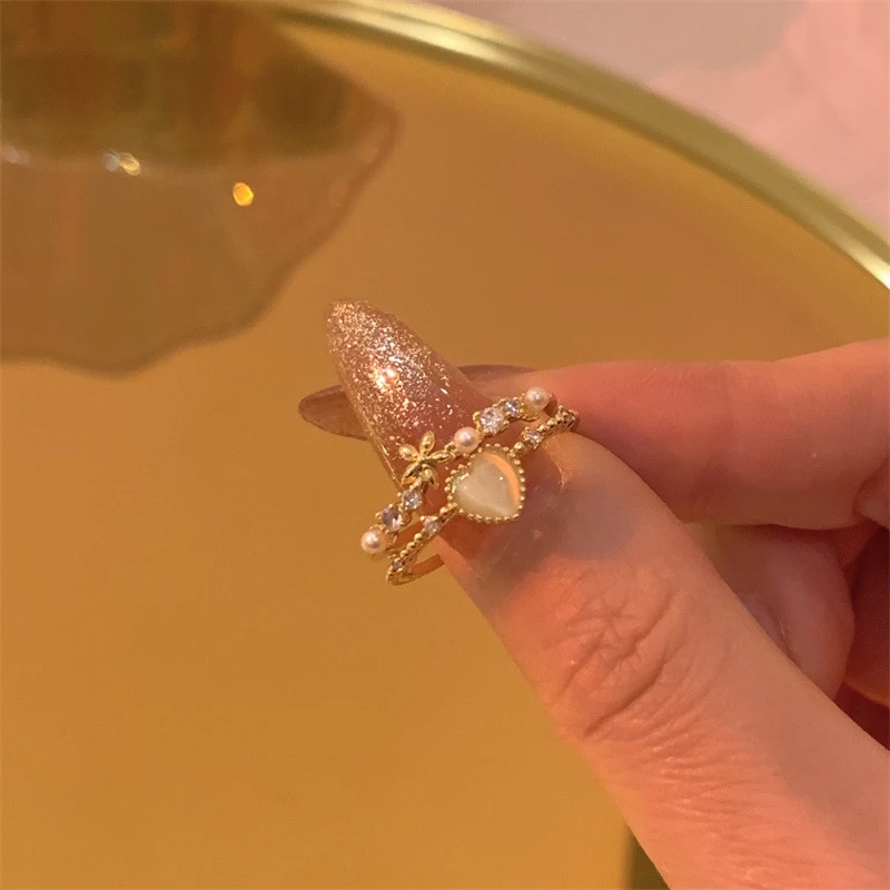 Luxury Pearl Heart Rings for Women Elegant Lovely Gold Color Opening Finger Ring Wedding Jewelry Fashion Girls Party Gifts 2023