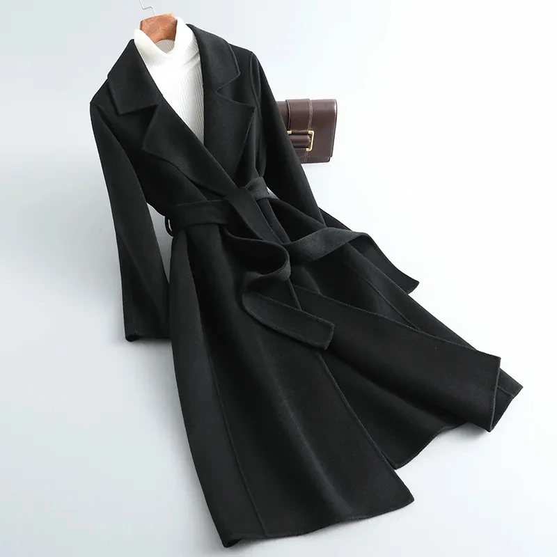 

Woolen Coat 100% Wool Women 2023 Autumn Winter Fashion Cashmere Woolen Jacket Belt Streetwear Camel Black Red Cardigan Outerwear