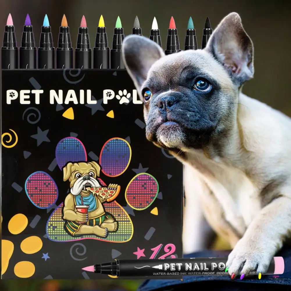 12 Bright Colors Pet Nail Art Pen Pet Paw Nail Art Kit 12-color Quick Dry Pen Set for Puppy Cat Soft for Small