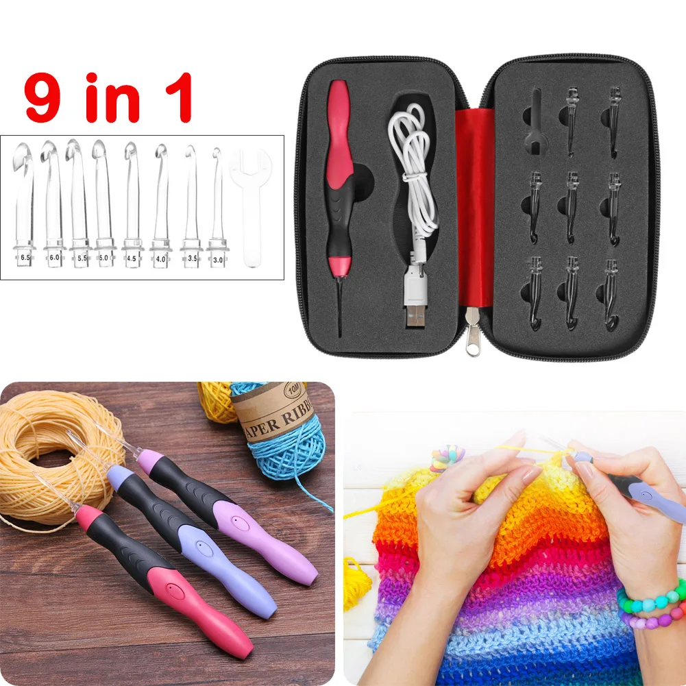 9 1 Usb Light Crochet Hooks Knitting Knitting Tool Set Needle Hook