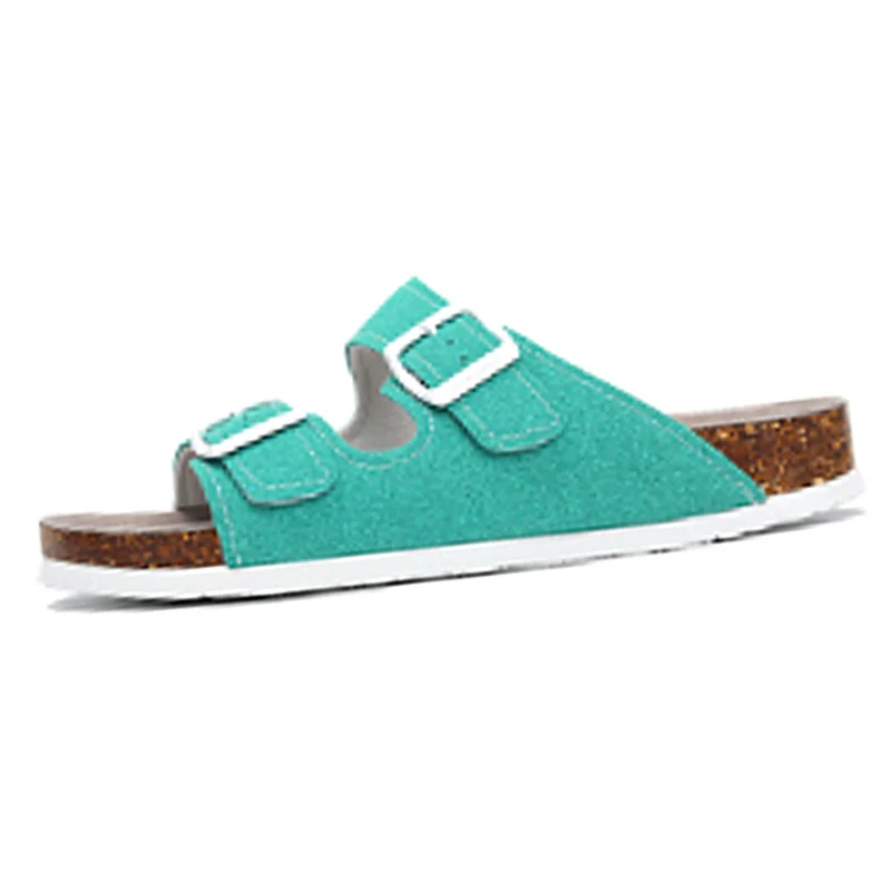 

Flat Bottom Beach Cork Slippers Women's Outdoor Non Slip Shoes Men Fashion Double Button Comfortable Home Frosted Leather Slides