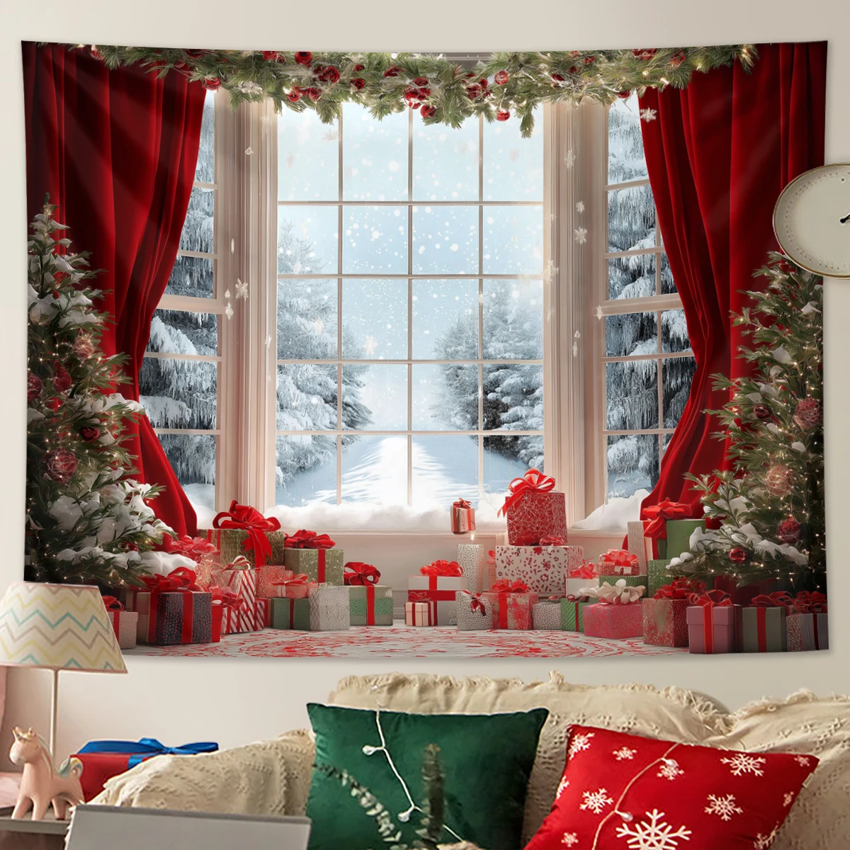 1 Stück Weihnachts-Wandteppich, festliche Weihnachts-Schneelandschaft, Weihnachtsbaum-Hintergrunddekoration, Banner, Poster, Dekoration, Wandteppich – Detail 18