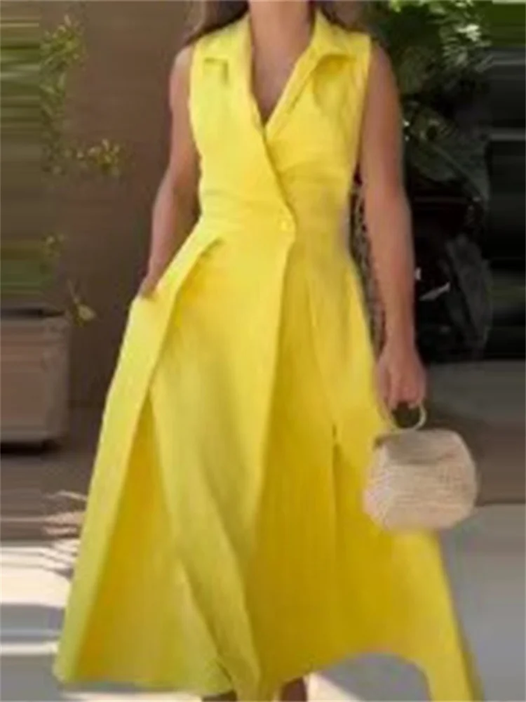Wmstar Women's 2024 Summer Dresses Elegant Party Solid Color Lapel Fold Long Sleeveless Elegant Dress Wholesale Dropshipping