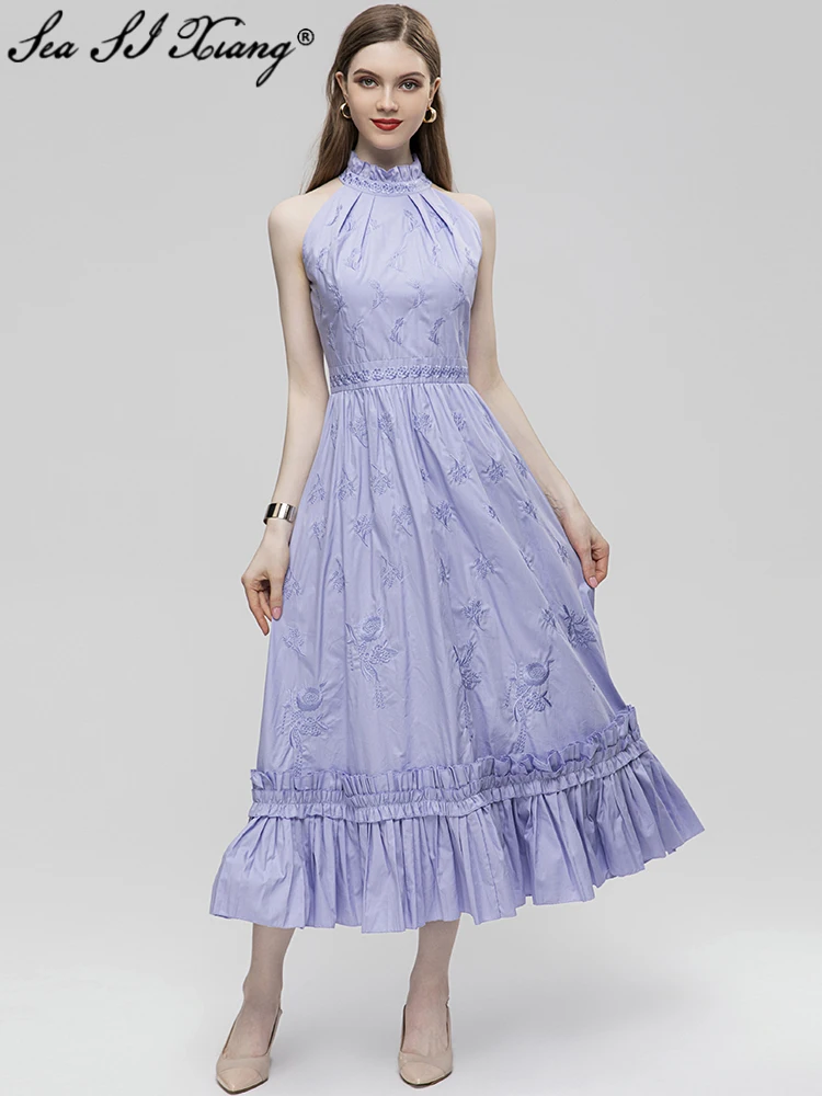 

Seasixiang Fashion Designer Summer Cotton Tank Dress Women Stand Collar Sleeveless Ruffle Flowers Embroidery Vintage Long Dress