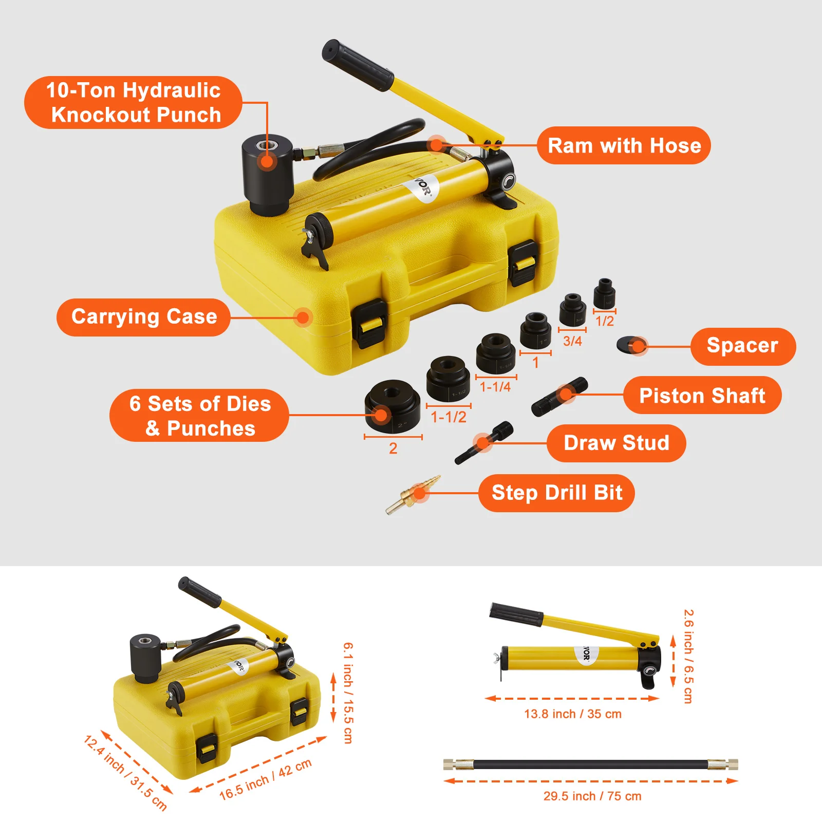VEVOR 10Ton Hydraulic Knockout Punch Driver Kit 1/2"-2" w/ 6 Dies Carbon Steel Sheet Hole Opener Repair Tool Manual Hole Digger 6