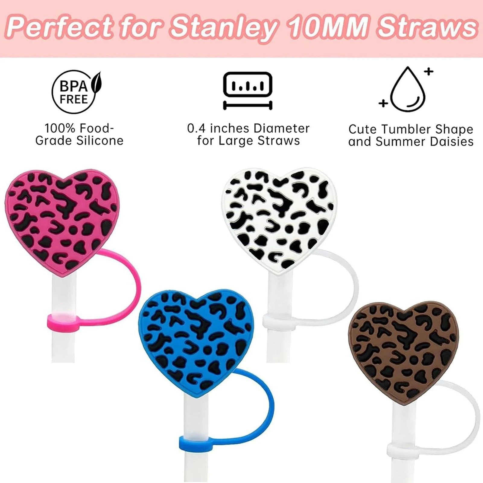 4Pcs Straw Cover,Cute Straw Topper for 40oz & 30oz Tumbler with Heart-Shaped Leopard Print,10mm Leopard Reusable Glasses T