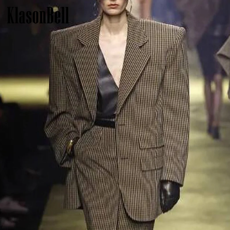 

11.6 KlasonBell Fashion Runway Temperament Plaid Print Loose Double Breasted Shoulder Pads Long Sleeve Blazer Coat Women