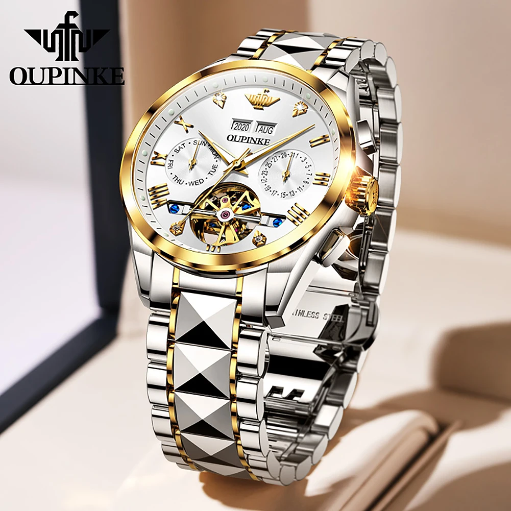OUPINKE Original Skeleton Mens Watch Luxury Automatic Wrist Watch Self Winding Sapphire Crystal Tungsten Steel Waterproof 並行輸入品