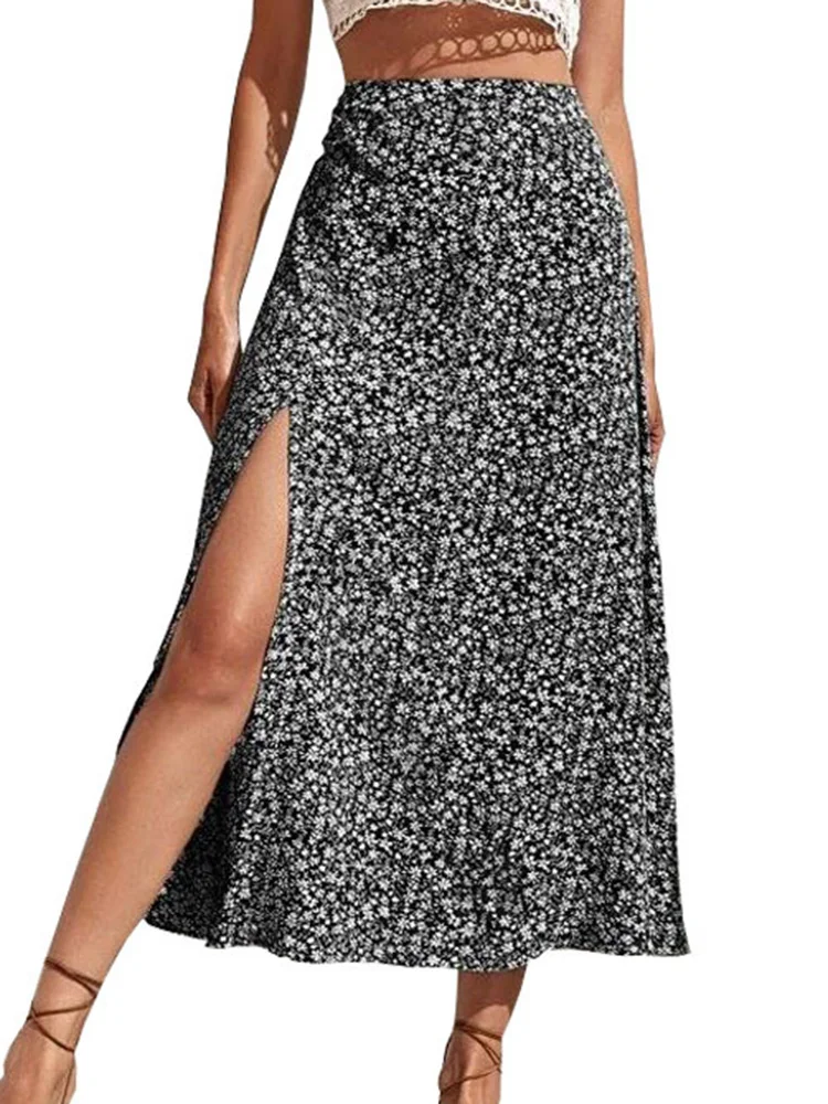 Midi A-line Long Women's Skirts Office Lady Bodycon Summer Printing High Split Elastic Polyester Fashion Vintage Female проигрыватель alive audio vintage lady white aavnt02ld