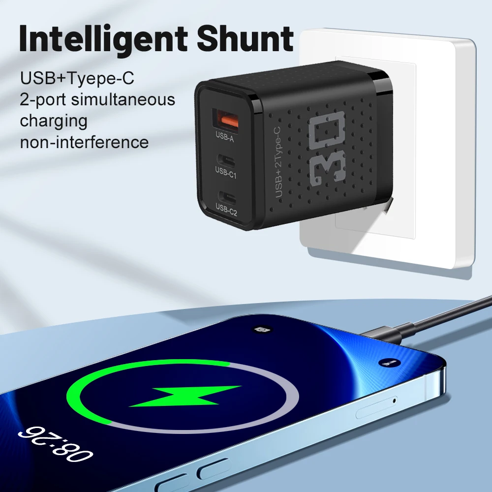 30W Dual PD USB Type C 3 Ports Super Fast Charging QC 3.0 EU/US/UK Plug Mobile Phone Adapter For iPhone 15 Xiaomi Samsung Huawei