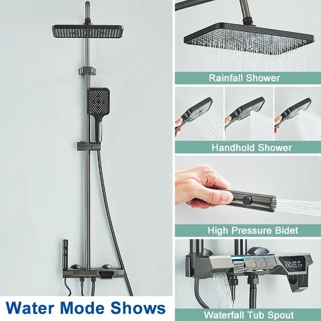 ชุดก๊อกน้ำฝักบัวห้องน้ำสีเทาจอแสดงผลดิจิตอลอัจฉริยะสไตล์เปียโนระบบฝนตกก๊อกผสมพร้อมบิเดต์/ฝักบัวมือ 3