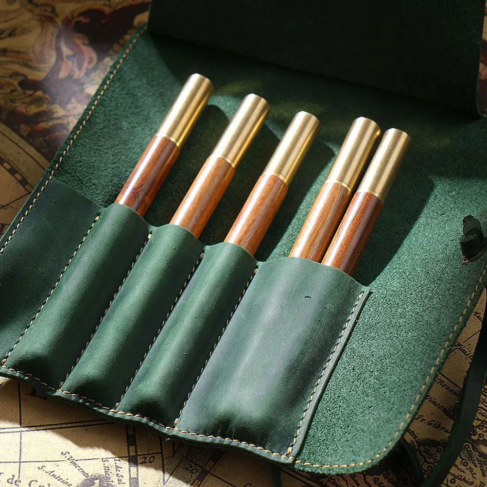 빈티지 레트로 올리브 그린 펜 파우치 전문 수제 롤 케이스 홀더 (만년필, 롤러볼, 볼펜용)