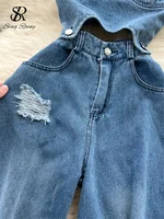 SINGREINY Women Strapless Denim Jumpsuits Hollow Out Design Pleated Slim High Quality Streetwear Fashion Casual Long Playsuits - Image 4