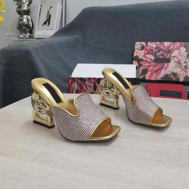 

Classics Strange Sandals Peep Toe Size 34 Fashion Women Gold Genuine Leather Crystal Famous Designer Unique 100mm Gold Heels