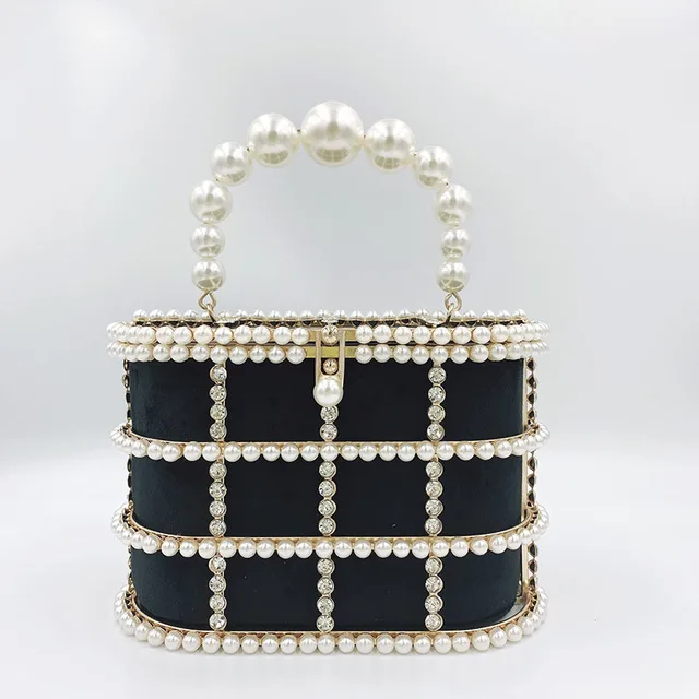 Rhinestones Big Pearls Metal Cage Clutch, White / L13 x W13 x H15cm