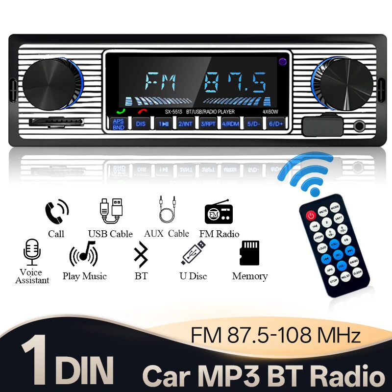 Hippcron Radio de coche 1 Din reproductor de Audio estéreo MP3 para coche Bluetooth receptor FM soporte AUX/USB 12V Universal 1
