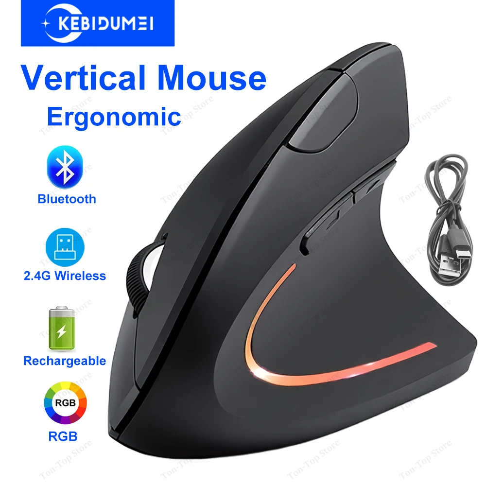 Vertical Mouse Ergonomic Mouse Dual Mode Wireless Mouse 2.4G Bluetooth Mice RGB 1600 DPI Silent Mouse for PC Laptop Desktop