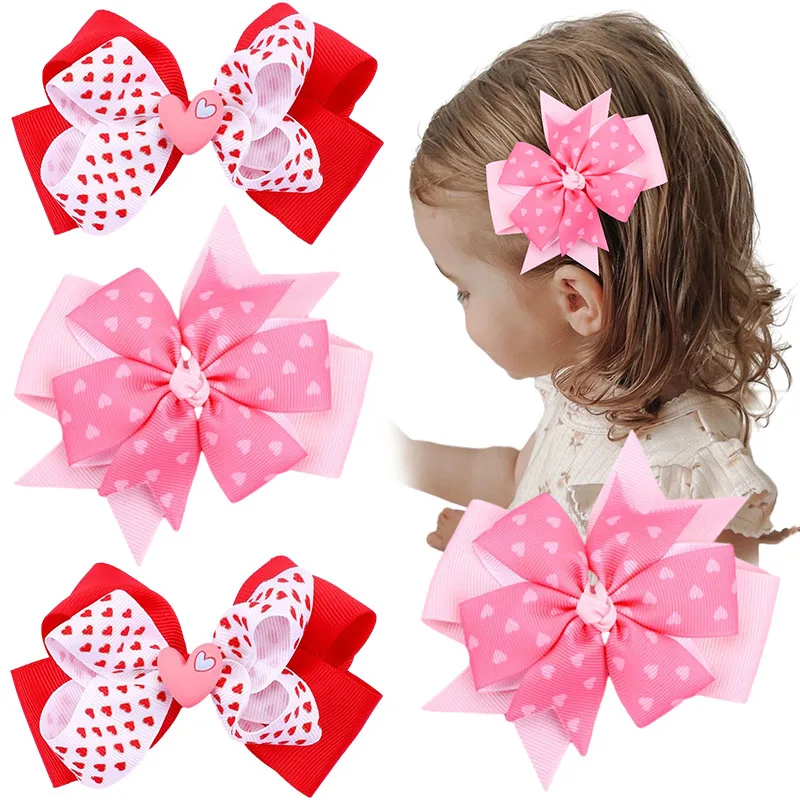 

ncmama Solid Love Heart Printed Hair Bow with Clips For Kids Girls Boutique Handmade Grosgrain Ribbon Hairpin Hair Accessories